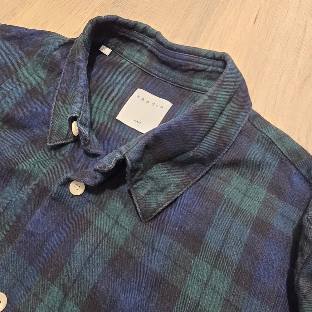Sandro Paris Mens Large Black Watch Plaid Flannel Button Down Shirt Blue Green